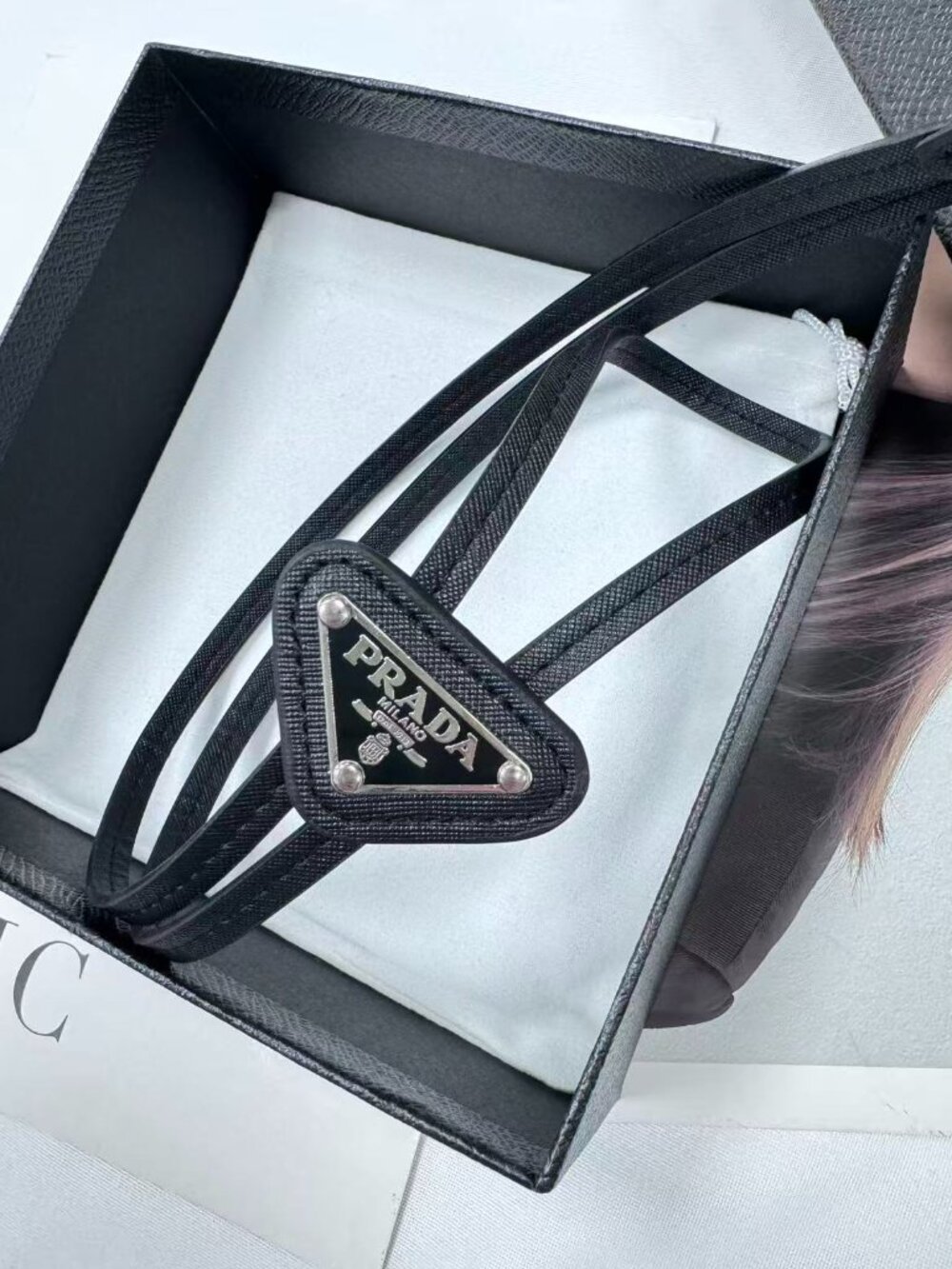 NWT Prada Saffiano Leather Bolo Tie Black Designer Western Luxury Gift 💘 Unisex - Picture 3 of 7